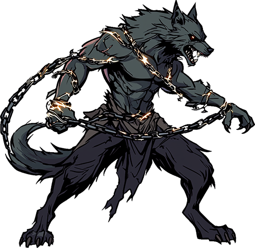 Fenrir: Fenrir is a massive, fearsome werewolf bound by thick, heavy chains. His body is muscular and powerful, covered in dark, shadowy fur. Despite being restrained, his fierce eyes glow with intensity, and his sharp fangs and claws hint at his immense strength. The chains wrap around his limbs, emphasizing his imprisonment, but his posture and expression convey defiance and untamed power, ready to break free at any moment.